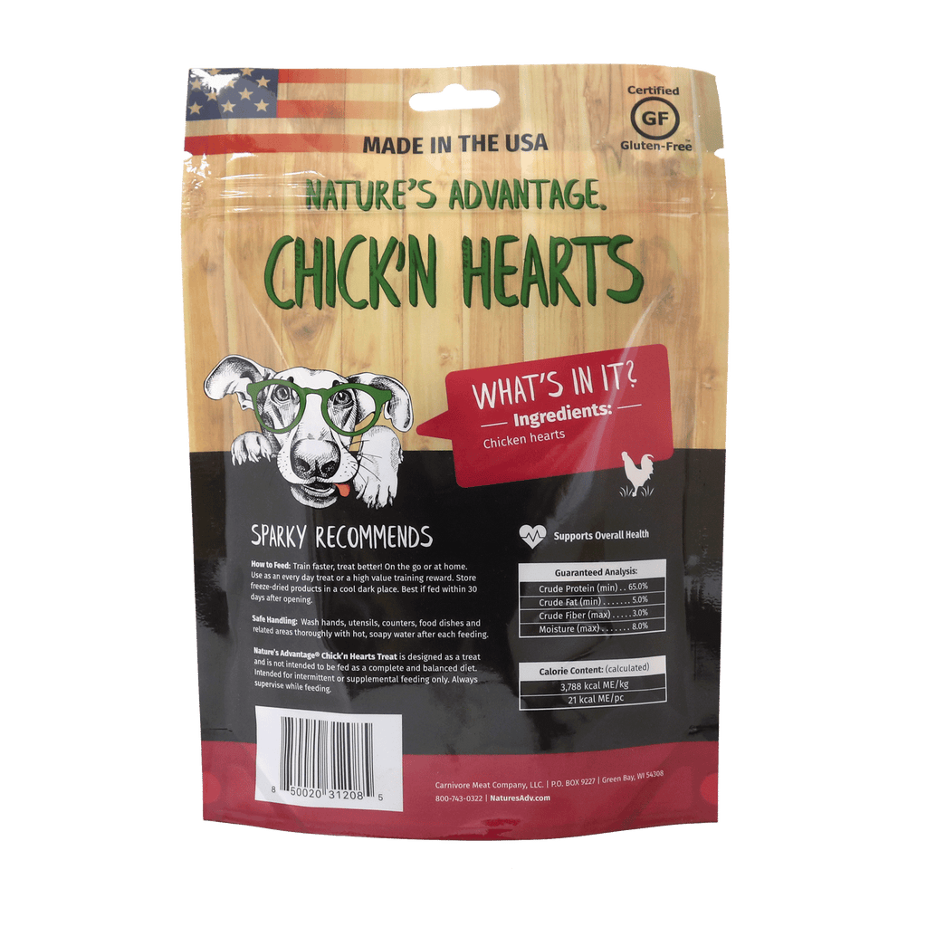 Chicken Hearts Dog Treats, grain free dog treats - Back of Bag